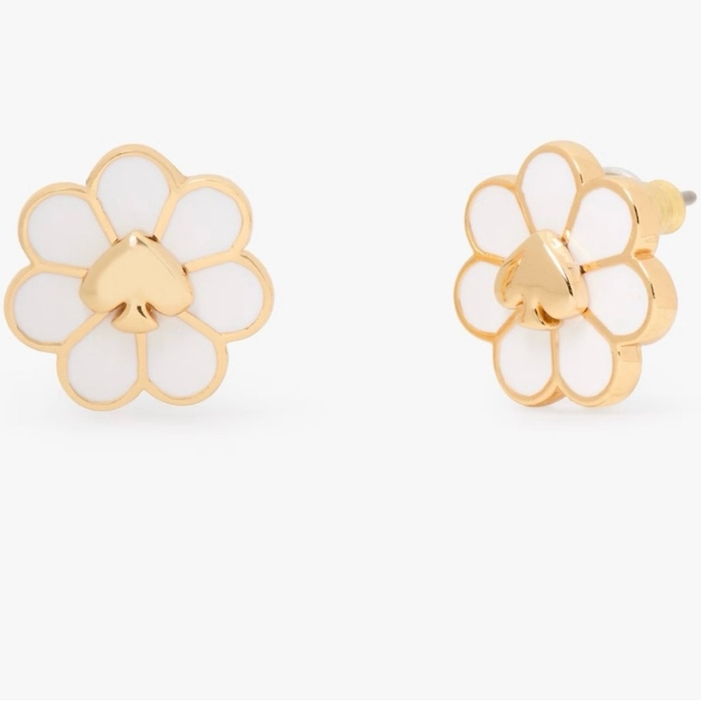 Gold and White Flower Stud Earrings - Picture 1 of 3